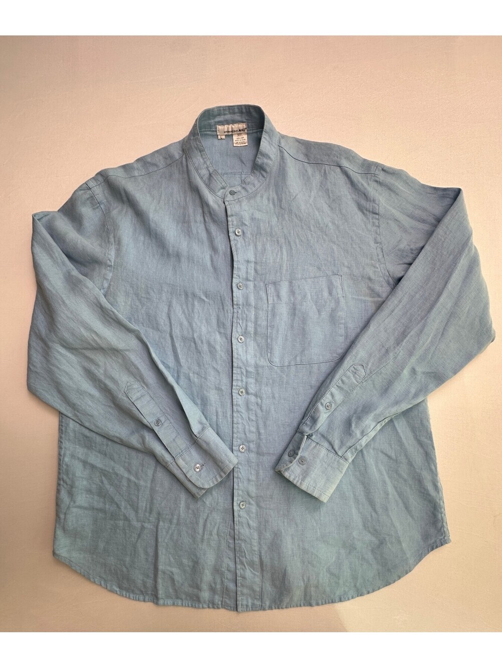 International Male Men's L Blue 100% Linen Mandarin Shirt